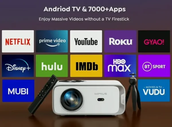Powered Focus & Android TV Projector Ultra HD with Wireless and BT, WiMiUS Full HD High Definition 500 ANSI Lumens Portable Home Theater