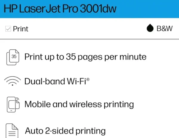 Hewlett-Packard LaserJet Professional 3001dw Cordless Duplex Mono Printer with HP+