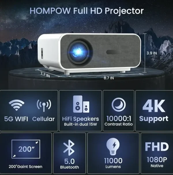 Ultra HD Compact Projector with Wireless and Bluetooth