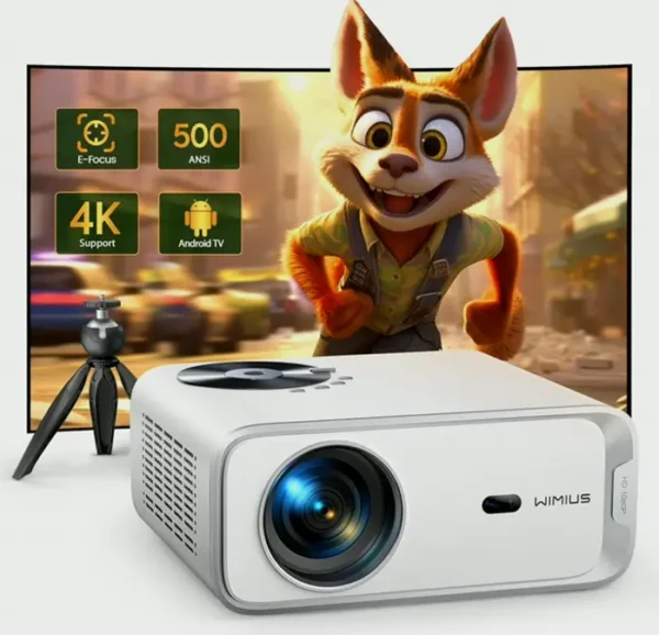 Powered Focus & Android TV Projector Ultra HD with Wireless and BT, WiMiUS Full HD High Definition 500 ANSI Lumens Portable Home Theater