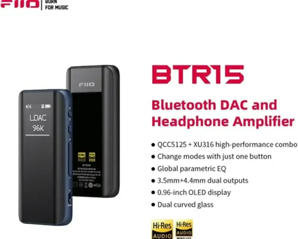 FiiO BTR15 Amps, Bluetooth 5.1 Receiver, High-Resolution DAC for Devices/Computer