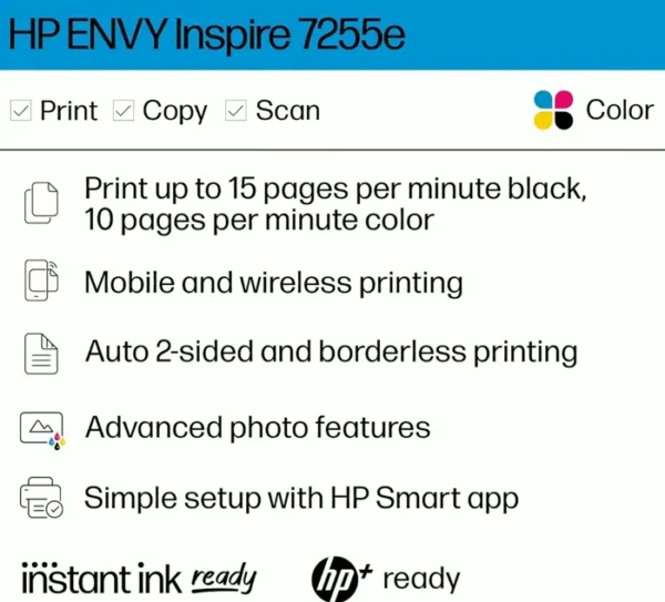 HP ENVY 7255e Wireless Color Thermal Inkjet Printer