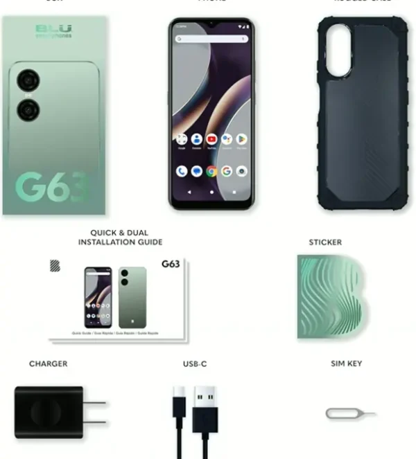 BLU-branded G63 Phone: 3-Day Power, Unlocked Version, 6.8" HD+ Screen, Dual 13MP Cameras